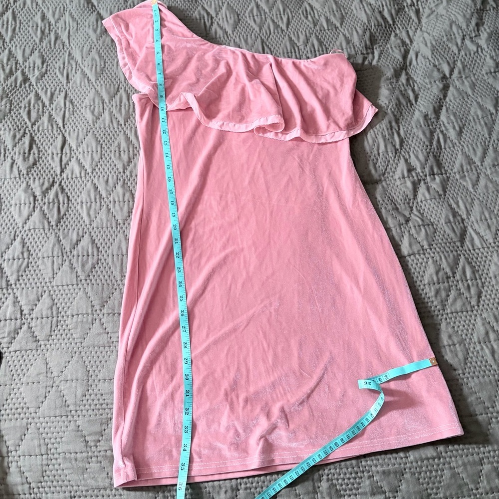 NWT Sugar + Lips Rose Pink Velvet One Shoulder Ruffle Mini Dress Size Large - Picture 7 of 8